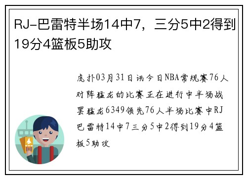 RJ-巴雷特半场14中7，三分5中2得到19分4篮板5助攻